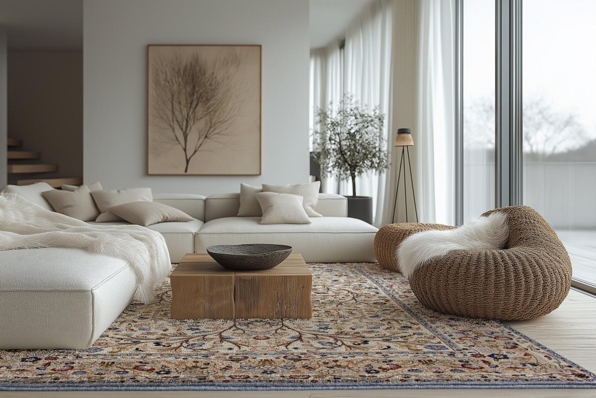 Bright living room with a classic cream oriental rug featuring floral patterns, beige corner sofa, w